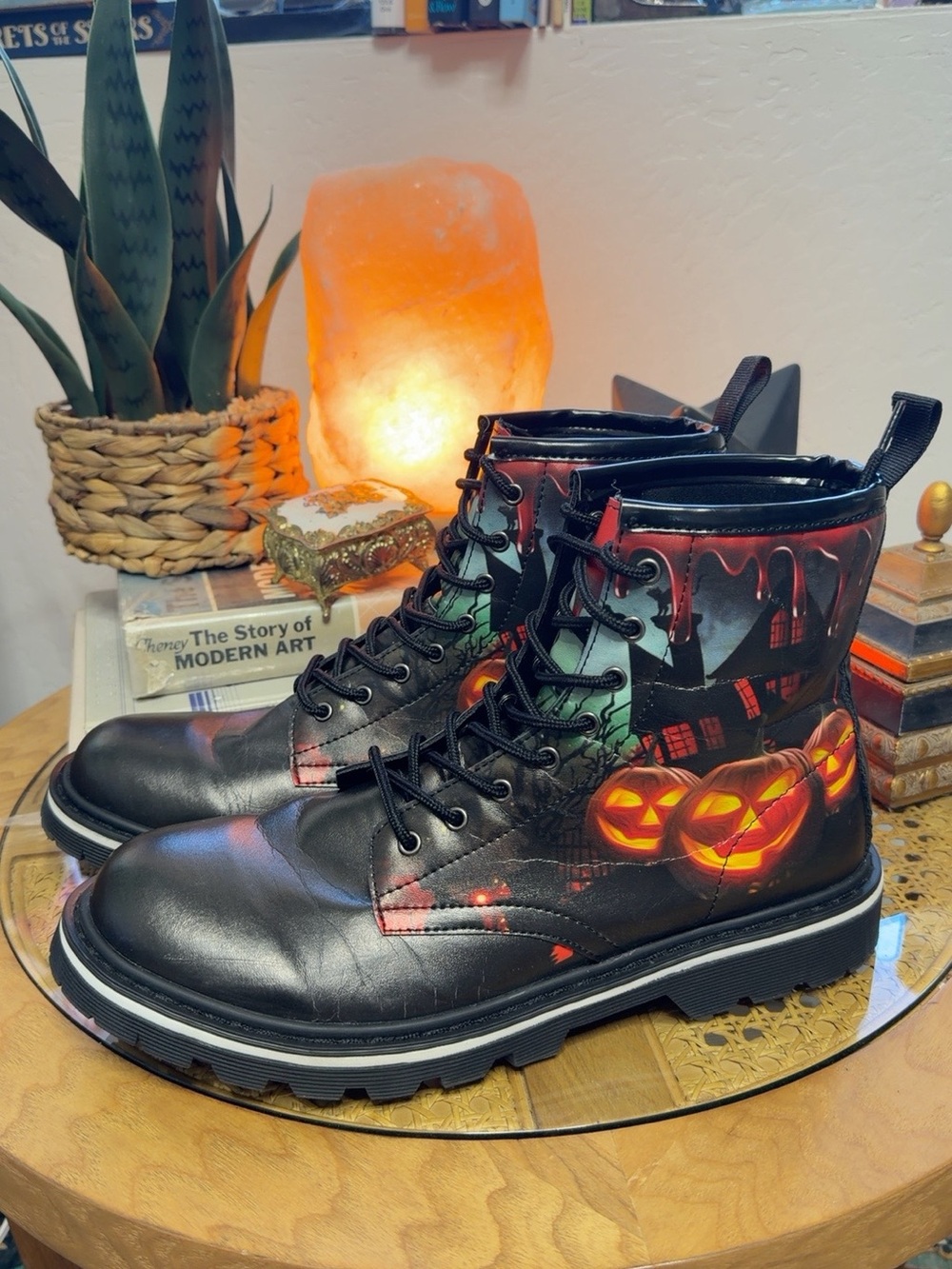 Men’s Size 12 Halloween Pumpkin Haunted House Combat Boots